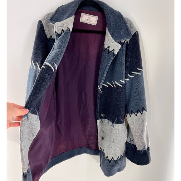 Vintage women's fleece striped satin lined coat double breasted blue grey size L - Picture 7 of 10